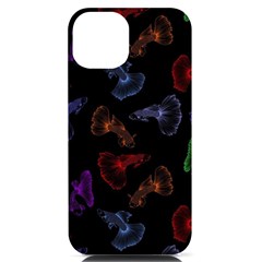 Vector Aquarium Guppies Seamless Fish Pattern With Black Background Iphone 14 Black Uv Print Case by Grandong