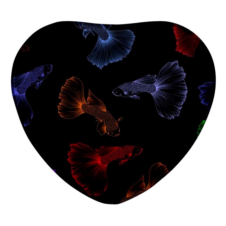 Vector Aquarium Guppies Seamless Fish Pattern With Black Background Heart Glass Fridge Magnet (4 pack)