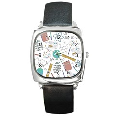 School Subjects And Objects Vector Illustration Seamless Pattern Square Metal Watch by Grandong