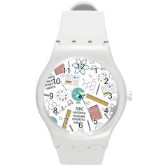 School Subjects And Objects Vector Illustration Seamless Pattern Round Plastic Sport Watch (m) by Grandong