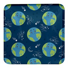 Seamless Pattern Cartoon Earth Planet Square Glass Fridge Magnet (4 Pack) by Grandong