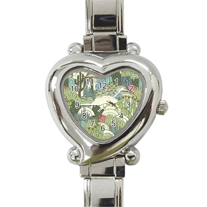 Playful Cactus Desert Landscape Illustrated Seamless Pattern Heart Italian Charm Watch