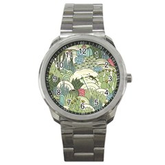 Playful Cactus Desert Landscape Illustrated Seamless Pattern Sport Metal Watch by Grandong