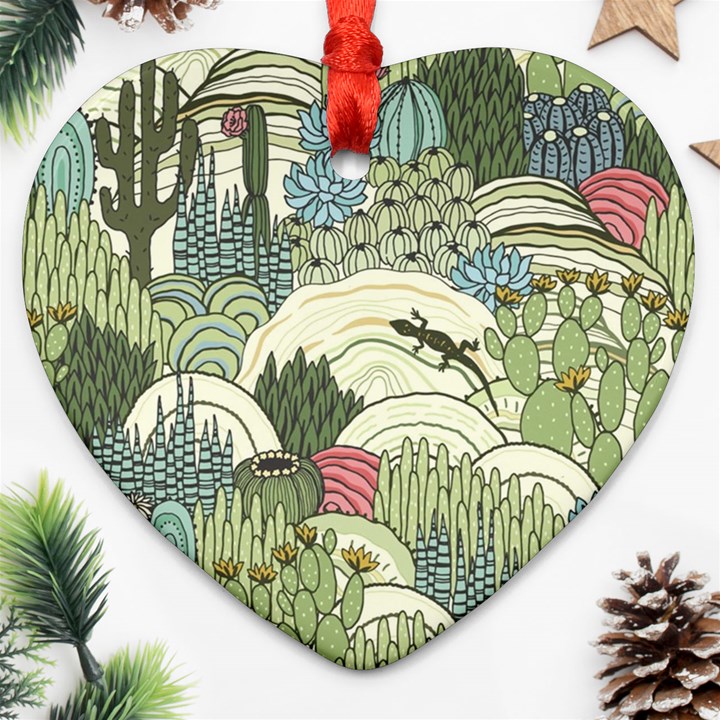 Playful Cactus Desert Landscape Illustrated Seamless Pattern Heart Ornament (Two Sides)