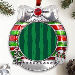 Green Seamless Watermelon Skin Pattern Metal X mas Ribbon With Red Crystal Round Ornament