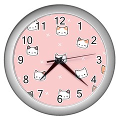 Cute Cat Cartoon Doodle Seamless Pink Pattern Wall Clock (silver) by Grandong