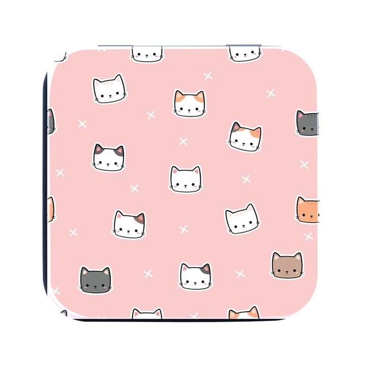 Cute Cat Cartoon Doodle Seamless Pink Pattern Square Metal Box (Black)