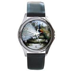 Canvas Oil Painting Two Peacock Round Metal Watch by Grandong