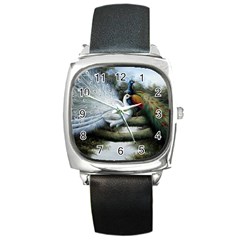 Canvas Oil Painting Two Peacock Square Metal Watch by Grandong