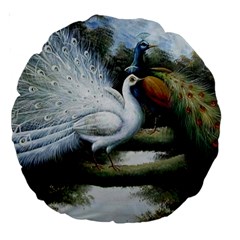 Canvas Oil Painting Two Peacock Large 18  Premium Round Cushions by Grandong