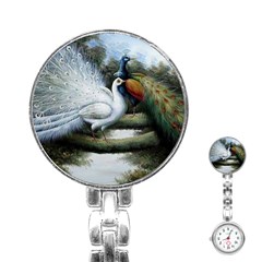 Canvas Oil Painting Two Peacock Stainless Steel Nurses Watch by Grandong