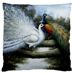 Canvas Oil Painting Two Peacock Large Premium Plush Fleece Cushion Case (one Side) by Grandong