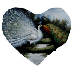 Canvas Oil Painting Two Peacock Large 19  Premium Flano Heart Shape Cushions by Grandong