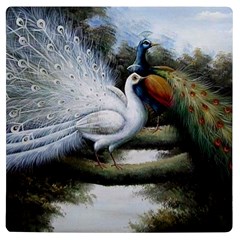 Canvas Oil Painting Two Peacock Uv Print Square Tile Coaster  by Grandong