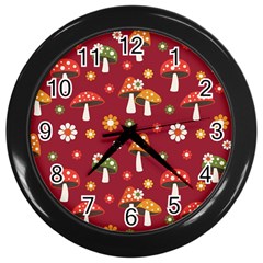 Woodland Mushroom And Daisy Seamless Pattern Wall Clock (black) by Grandong