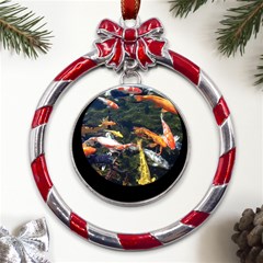 Koi Pond 3d Fish Metal Red Ribbon Round Ornament by Grandong