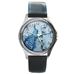 Chinese Style 3d Embossed Blue Peacock Oil Painting Round Metal Watch by Grandong