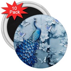 Chinese Style 3d Embossed Blue Peacock Oil Painting 3  Magnets (10 Pack)  by Grandong