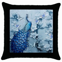 Chinese Style 3d Embossed Blue Peacock Oil Painting Throw Pillow Case (black) by Grandong