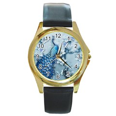 Chinese Style 3d Embossed Blue Peacock Oil Painting Round Gold Metal Watch by Grandong