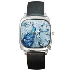 Chinese Style 3d Embossed Blue Peacock Oil Painting Square Metal Watch by Grandong