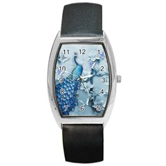 Chinese Style 3d Embossed Blue Peacock Oil Painting Barrel Style Metal Watch by Grandong