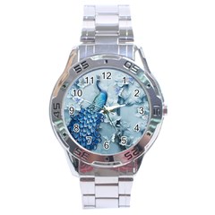 Chinese Style 3d Embossed Blue Peacock Oil Painting Stainless Steel Analogue Watch by Grandong