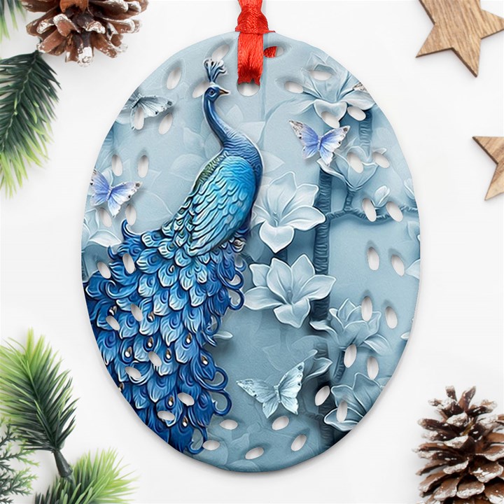 Chinese Style 3d Embossed Blue Peacock Oil Painting Oval Filigree Ornament (Two Sides)