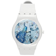 Chinese Style 3d Embossed Blue Peacock Oil Painting Round Plastic Sport Watch (m) by Grandong