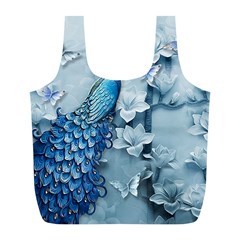 Chinese Style 3d Embossed Blue Peacock Oil Painting Full Print Recycle Bag (l) by Grandong