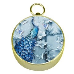 Chinese Style 3d Embossed Blue Peacock Oil Painting Gold Compasses by Grandong