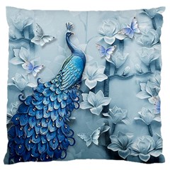 Chinese Style 3d Embossed Blue Peacock Oil Painting Large Premium Plush Fleece Cushion Case (one Side) by Grandong