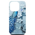 Chinese Style 3d Embossed Blue Peacock Oil Painting iPhone 14 Pro Black UV Print Case Front