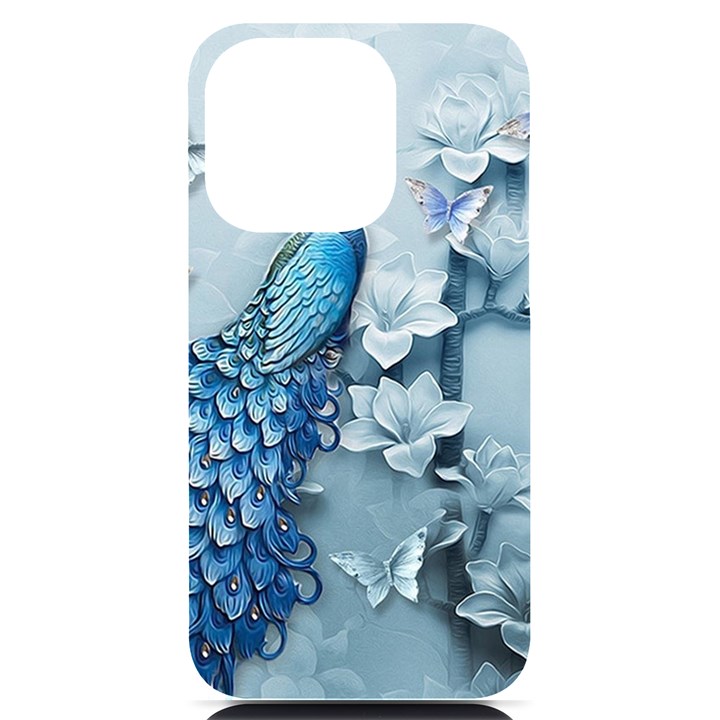 Chinese Style 3d Embossed Blue Peacock Oil Painting iPhone 14 Pro Black UV Print Case