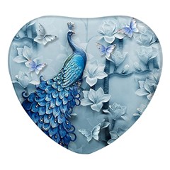 Chinese Style 3d Embossed Blue Peacock Oil Painting Heart Glass Fridge Magnet (4 Pack) by Grandong