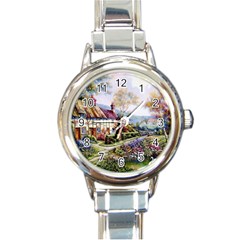 Colorful Cottage River Colorful House Landscape Garden Beautiful Painting Round Italian Charm Watch by Grandong