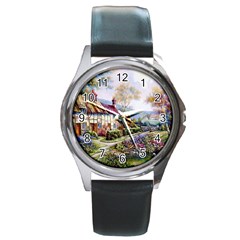 Colorful Cottage River Colorful House Landscape Garden Beautiful Painting Round Metal Watch by Grandong