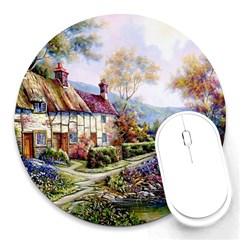 Colorful Cottage River Colorful House Landscape Garden Beautiful Painting Round Mousepad by Grandong