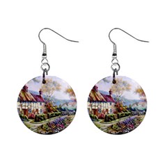 Colorful Cottage River Colorful House Landscape Garden Beautiful Painting Mini Button Earrings by Grandong