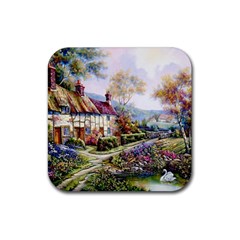 Colorful Cottage River Colorful House Landscape Garden Beautiful Painting Rubber Coaster (square) by Grandong