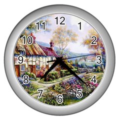 Colorful Cottage River Colorful House Landscape Garden Beautiful Painting Wall Clock (silver) by Grandong