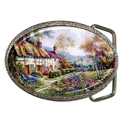 Colorful Cottage River Colorful House Landscape Garden Beautiful Painting Belt Buckles by Grandong