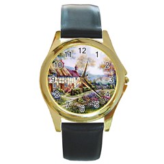 Colorful Cottage River Colorful House Landscape Garden Beautiful Painting Round Gold Metal Watch by Grandong