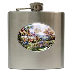 Colorful Cottage River Colorful House Landscape Garden Beautiful Painting Hip Flask (6 Oz) by Grandong