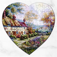 Colorful Cottage River Colorful House Landscape Garden Beautiful Painting Jigsaw Puzzle (heart) by Grandong