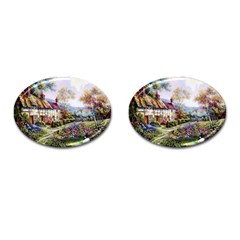 Colorful Cottage River Colorful House Landscape Garden Beautiful Painting Cufflinks (oval) by Grandong