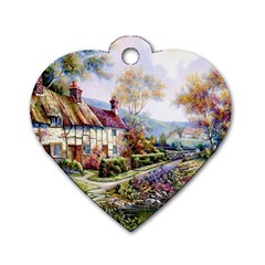 Colorful Cottage River Colorful House Landscape Garden Beautiful Painting Dog Tag Heart (one Side) by Grandong