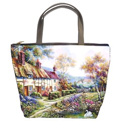 Colorful Cottage River Colorful House Landscape Garden Beautiful Painting Bucket Bag by Grandong