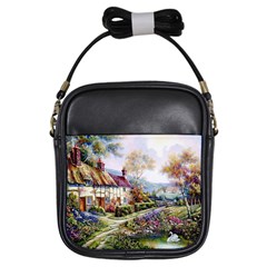 Colorful Cottage River Colorful House Landscape Garden Beautiful Painting Girls Sling Bag by Grandong