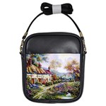 Colorful Cottage River Colorful House Landscape Garden Beautiful Painting Girls Sling Bag Front